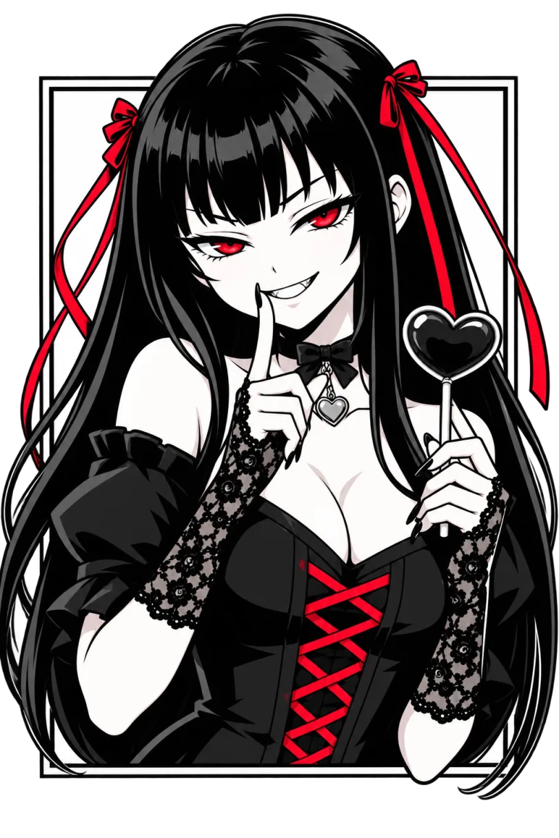 Yami artwork — goth in a black corset with red ribbons, grinning over a heart lollipop