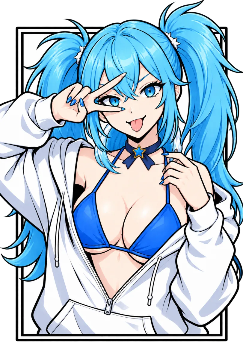 Yuki artwork — ice-blue twin-tail girl with a star choker, peace sign over one eye